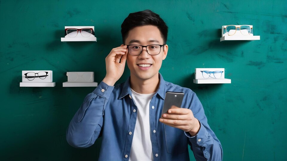 Young asian male online merchant blogger using camera to live video to review and sell glasses soci